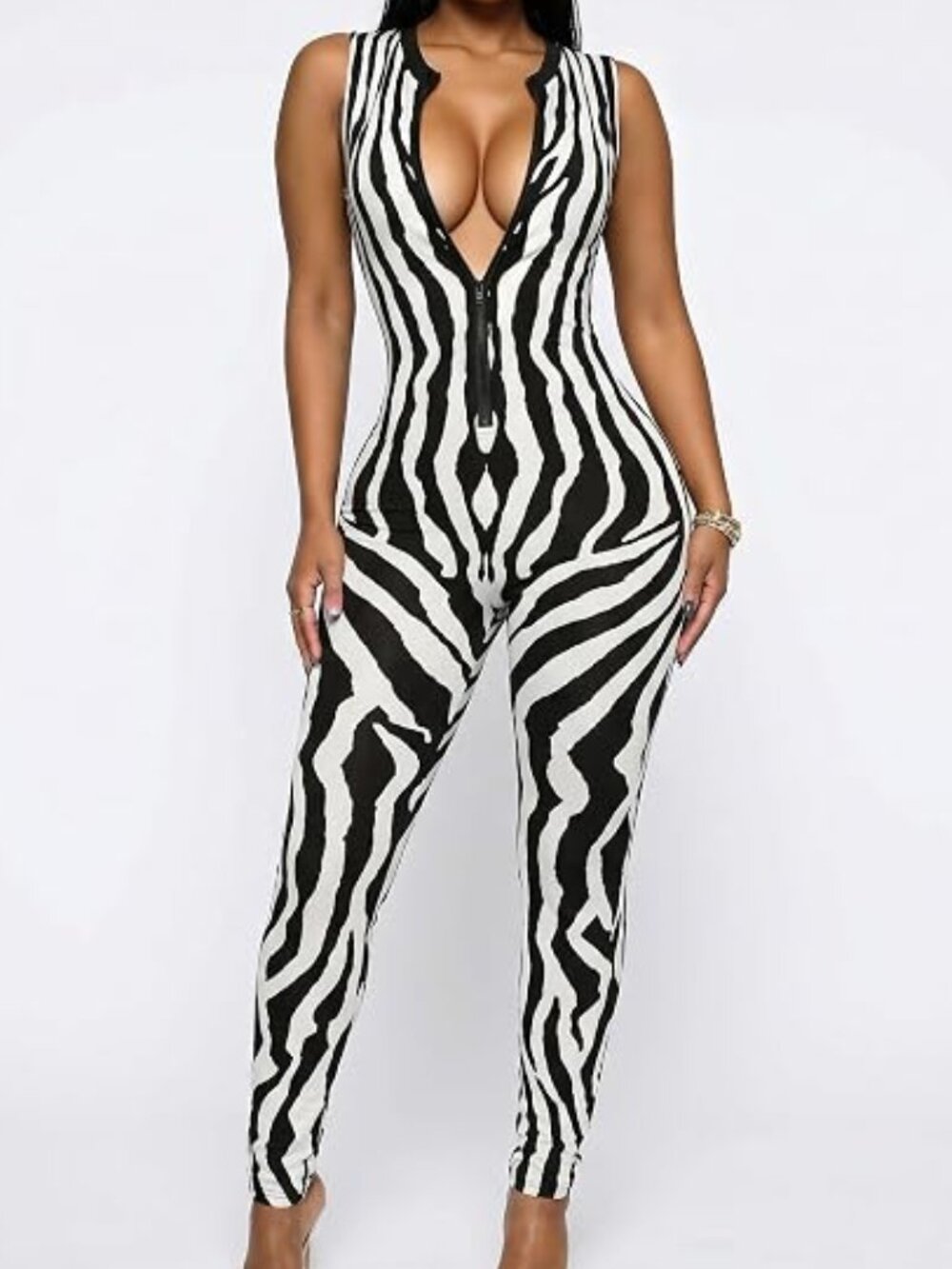 Zebra Striped Bodycon Jumpsuit Size Large